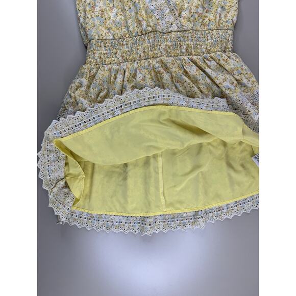 American Eagle Women’s Floral Eyelet Tiered Mini Dress L Yellow Boho Lace Cotton - Picture 9 of 15